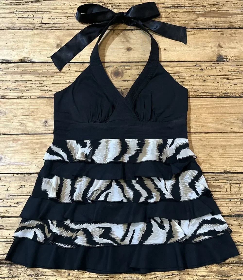 2b Bebe Women’s Black/White Halter Ruffle Animal Print Top Size S